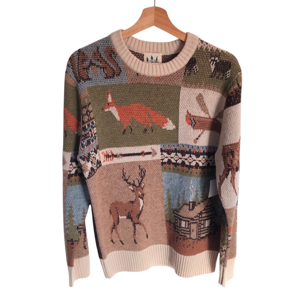 KIEL JAMES PATRICK NWT Cozy Cabin Into the Woods Sweater Unisex XS Fox Deer - Picture 2 of 12